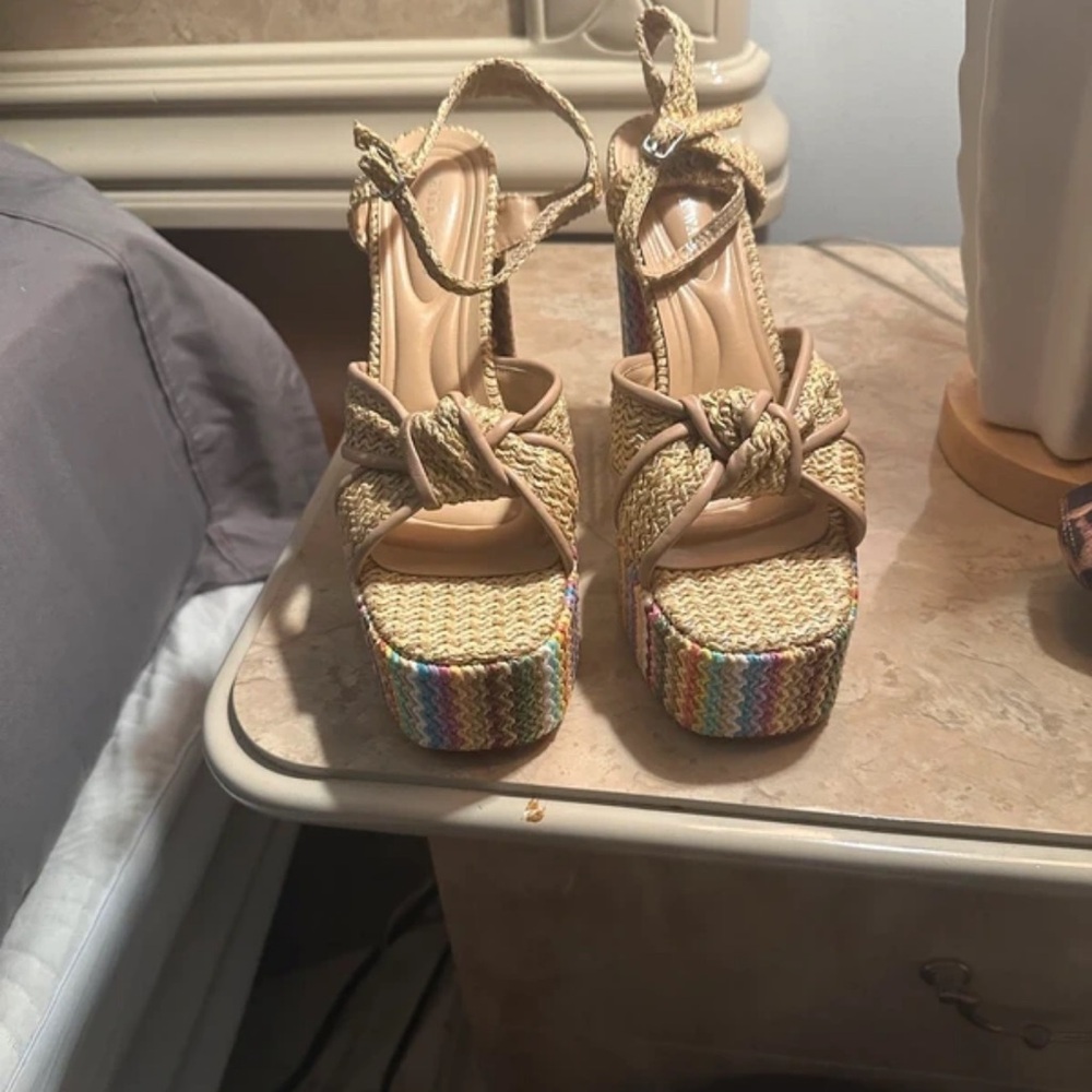 Neutral Raffia Platform Sandals With Multicolor S… - image 1